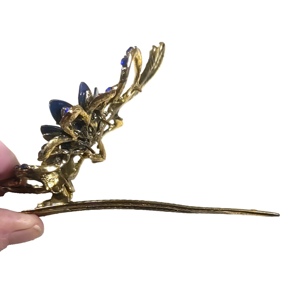 Royal Blue Hair Barrette Clip Floral Blue Rhinestone Gold Tone Elegant... - Picture 6 of 7